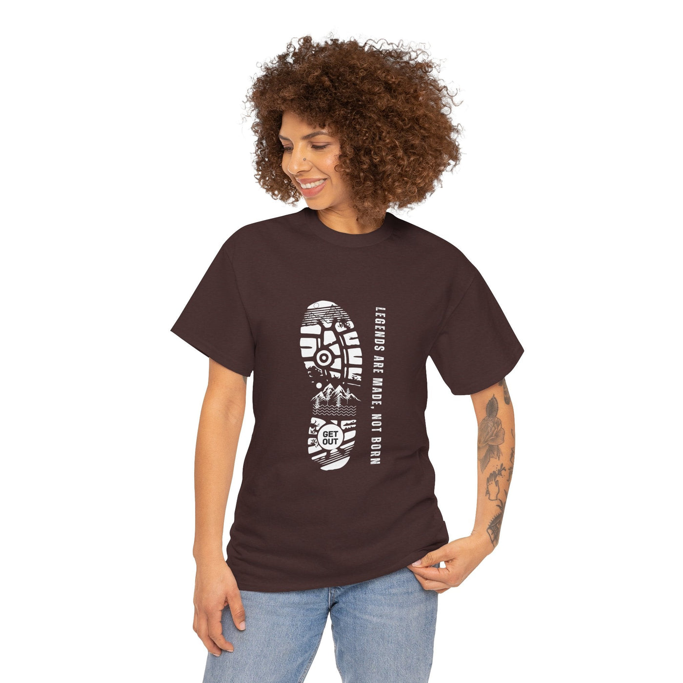 Unisex heavy cotton tee with "Legends are made NOT BORN" design, worn by person.