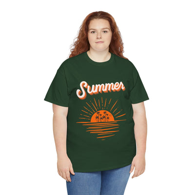 Unisex Summer 2025 Sunset T-Shirt with vintage-style sun and ocean reflection design, palm tree silhouettes, and comfortable fit.