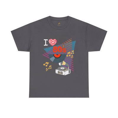 Unisex charcoal gray 80's music lover t-shirt with retro vinyl record and cassette player graphic