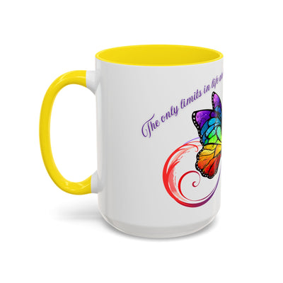 Inspirational Butterfly Coffee Mug with colorful design and yellow handle, ideal for motivational gifts.