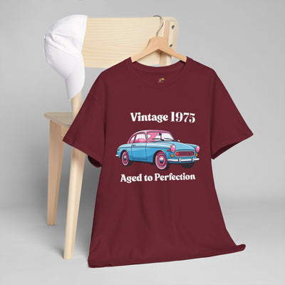 Vintage Aged to Perfection classic car t-shirt in retro style on hanger.