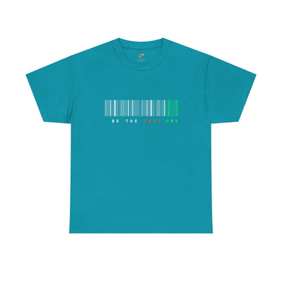 Unique "Be The Only One" barcode t-shirt in blue with a minimalist design