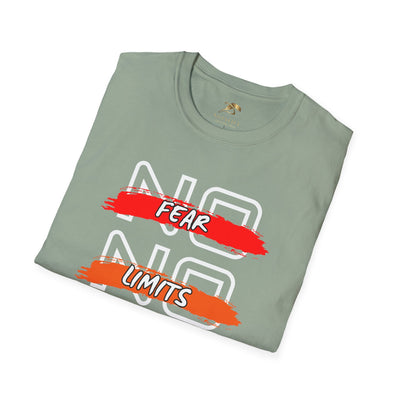Folded green unisex t-shirt with "No Fear No Limits" motivational graphic in red and orange brush strokes.