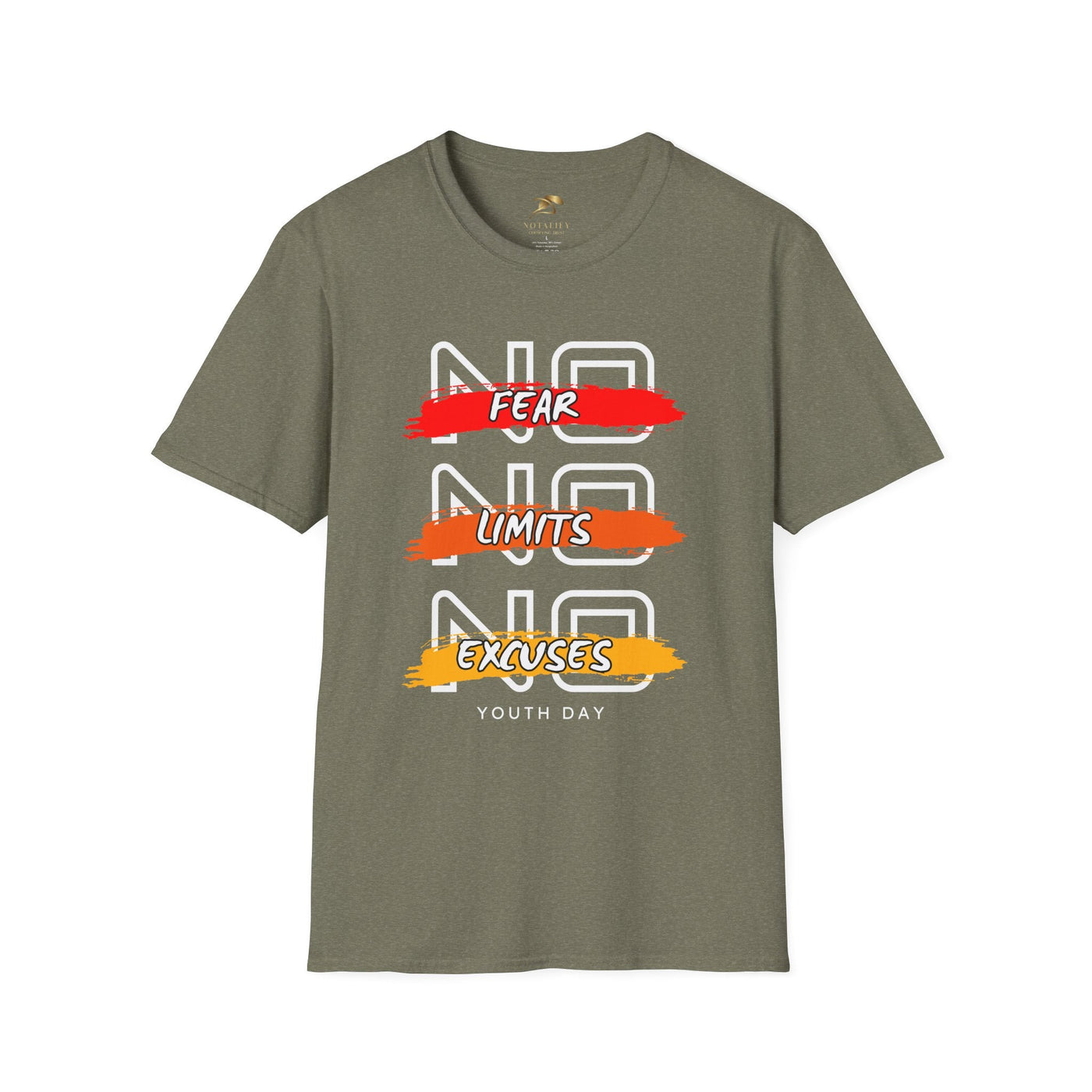 Unisex youth day t-shirt with "No Fear No Limits No Excuses" motivational graphic in red, orange, and yellow on olive green fabric