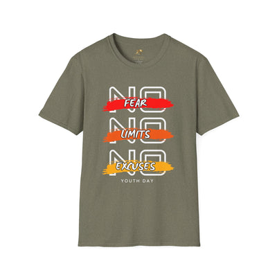 Unisex youth day t-shirt with "No Fear No Limits No Excuses" motivational graphic in red, orange, and yellow on olive green fabric