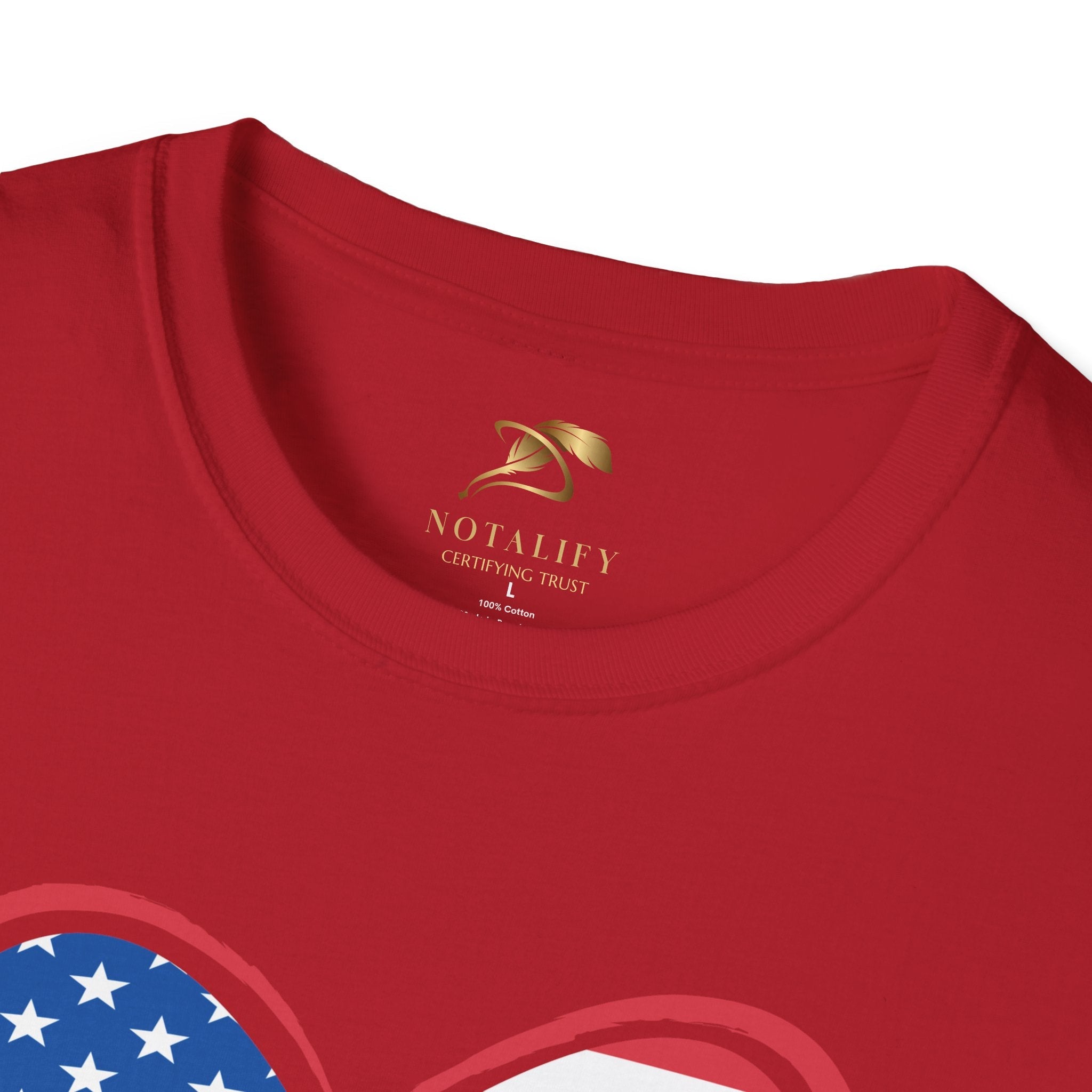 LOVE USA Patriotic T-Shirt, unisex, red with American flag heart design, ideal for 4th of July celebrations, made of soft cotton.