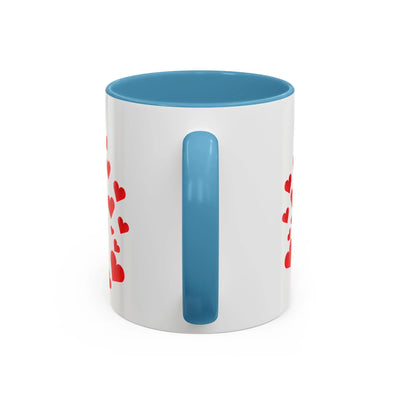 You are Enough Mug with red hearts and blue interior, 11oz ceramic coffee cup.