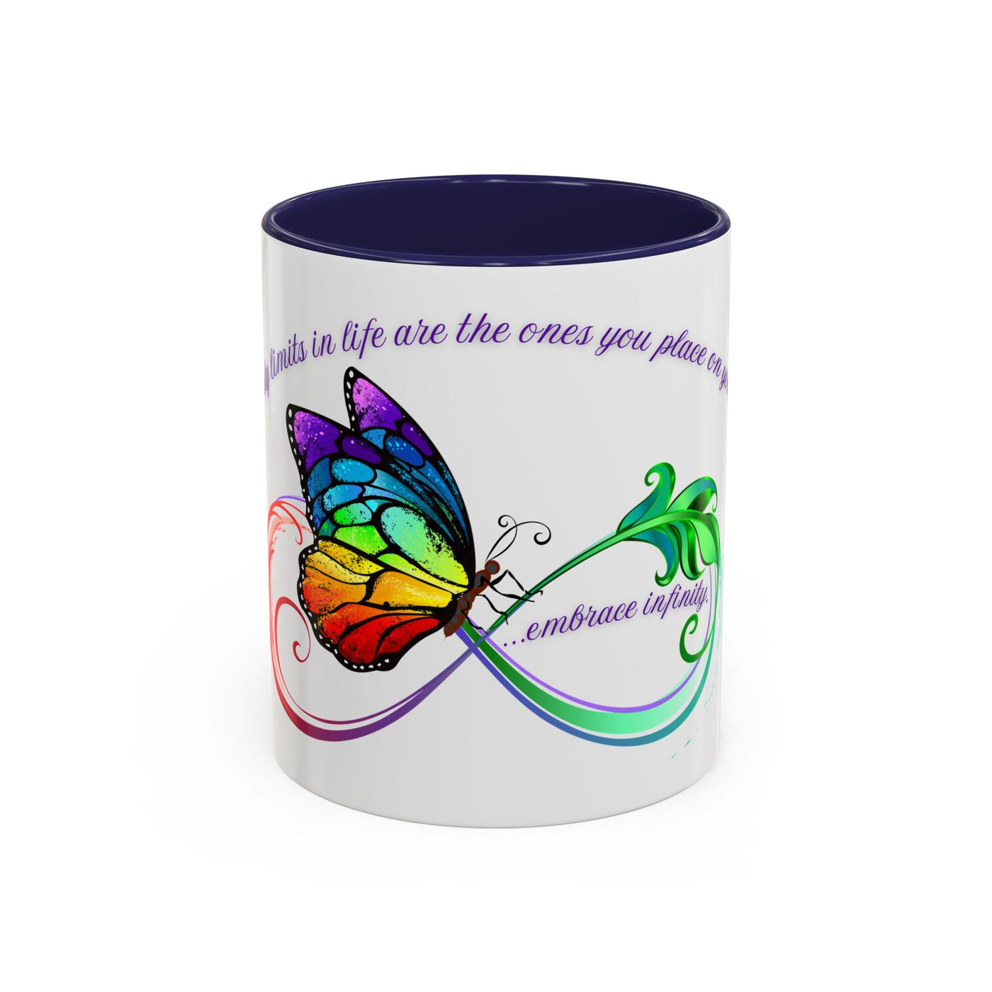 Inspirational butterfly coffee mug with colorful infinity design, perfect gift for motivational moments.