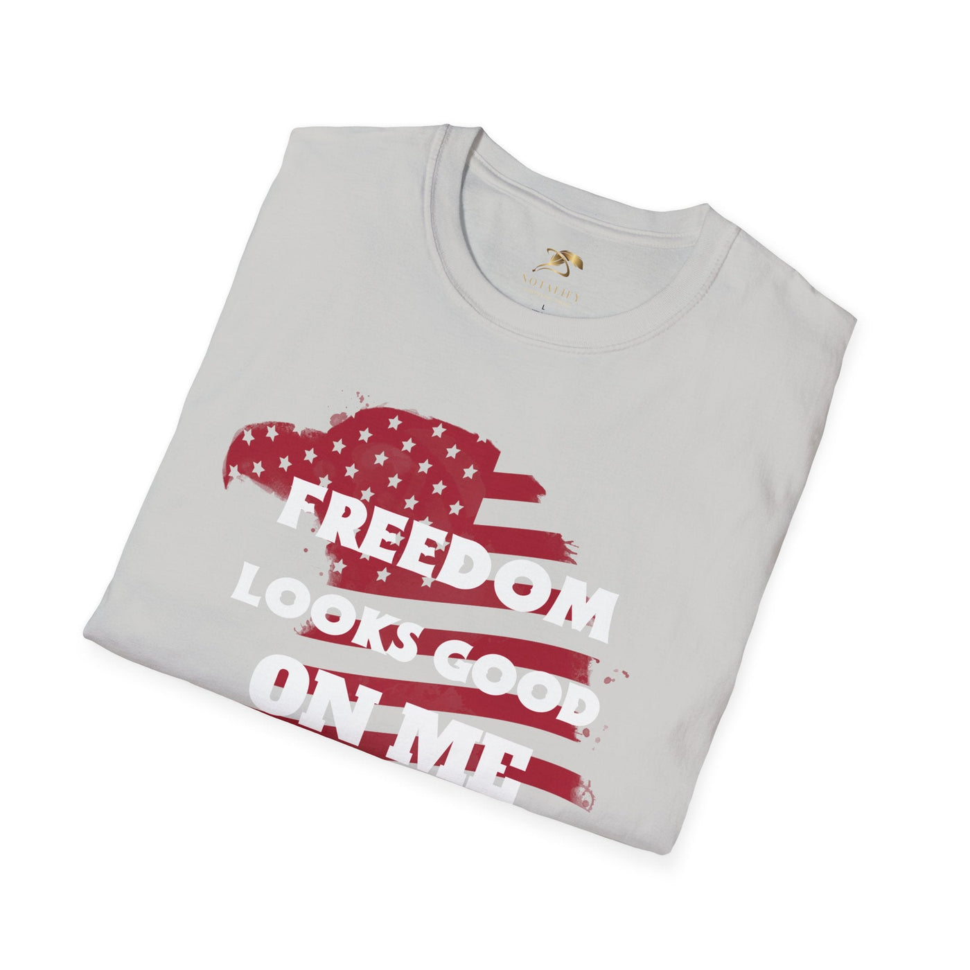 Unisex patriotic party tee with "Freedom Looks Good On Me" design, perfect for July 4th celebrations and BBQs.