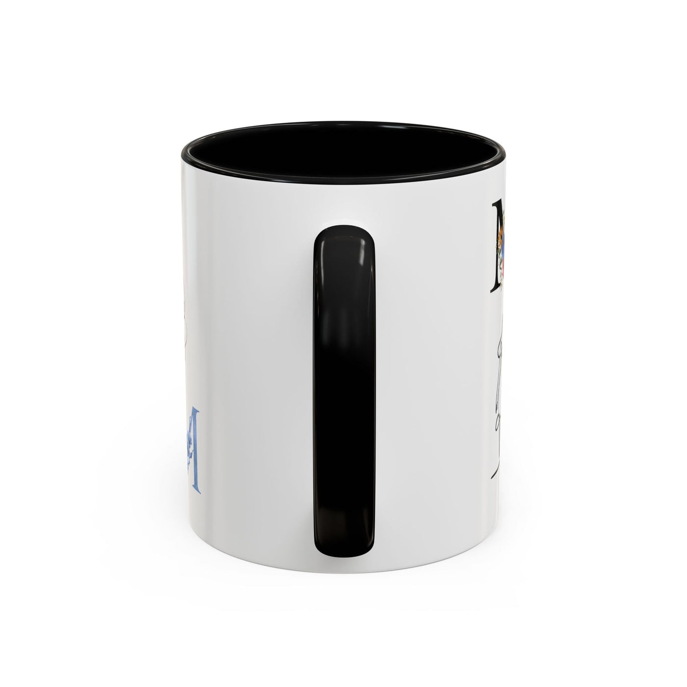 Mother's Day mug with floral design, customizable names, black handle, and interior.