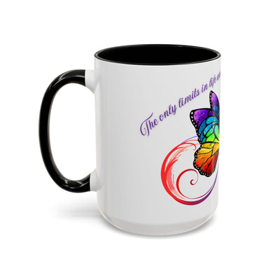Inspirational Butterfly Coffee Mug with colorful butterfly and infinity design, perfect gift for motivational moments.