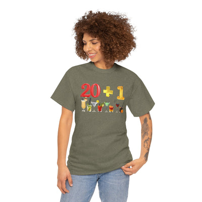 21st birthday t-shirt with "20 + 1" design and colorful cocktails, perfect for celebrating turning 21.