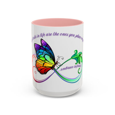 Inspirational butterfly coffee mug with Embrace Infinity design, colorful ceramic, perfect gift for motivation and self-care.