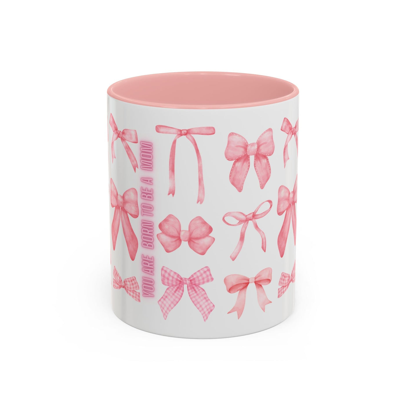 Personalized Mother's Day mug with pink coquette bow design, available in 11oz or 15oz sizes.