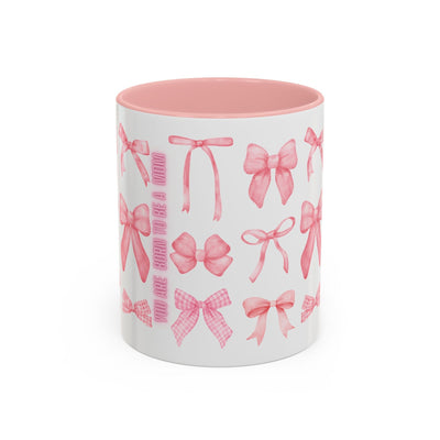 Personalized Mother's Day mug with pink coquette bow design, available in 11oz or 15oz sizes.