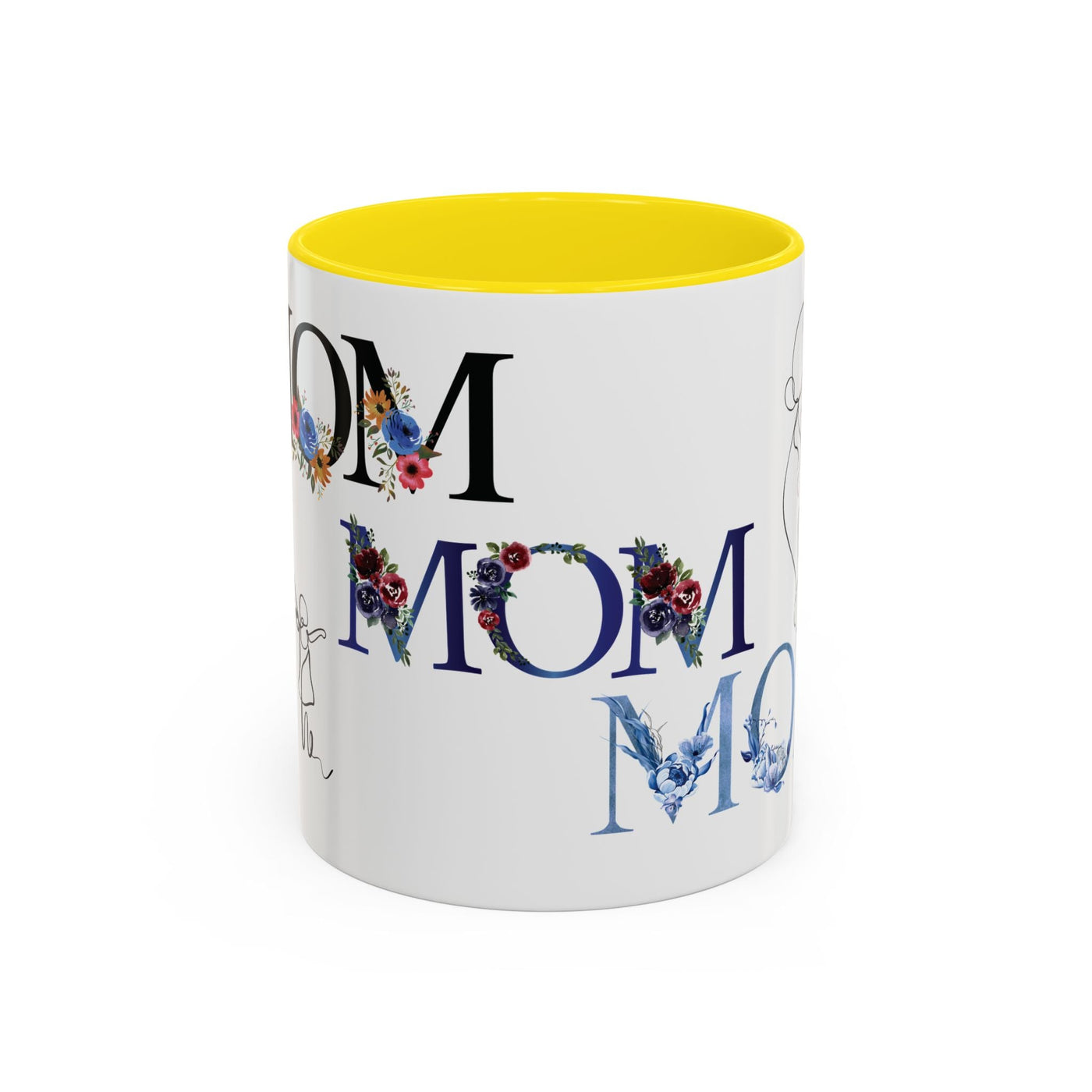 Mother's Day accent mug with floral design and customizable names, yellow interior.