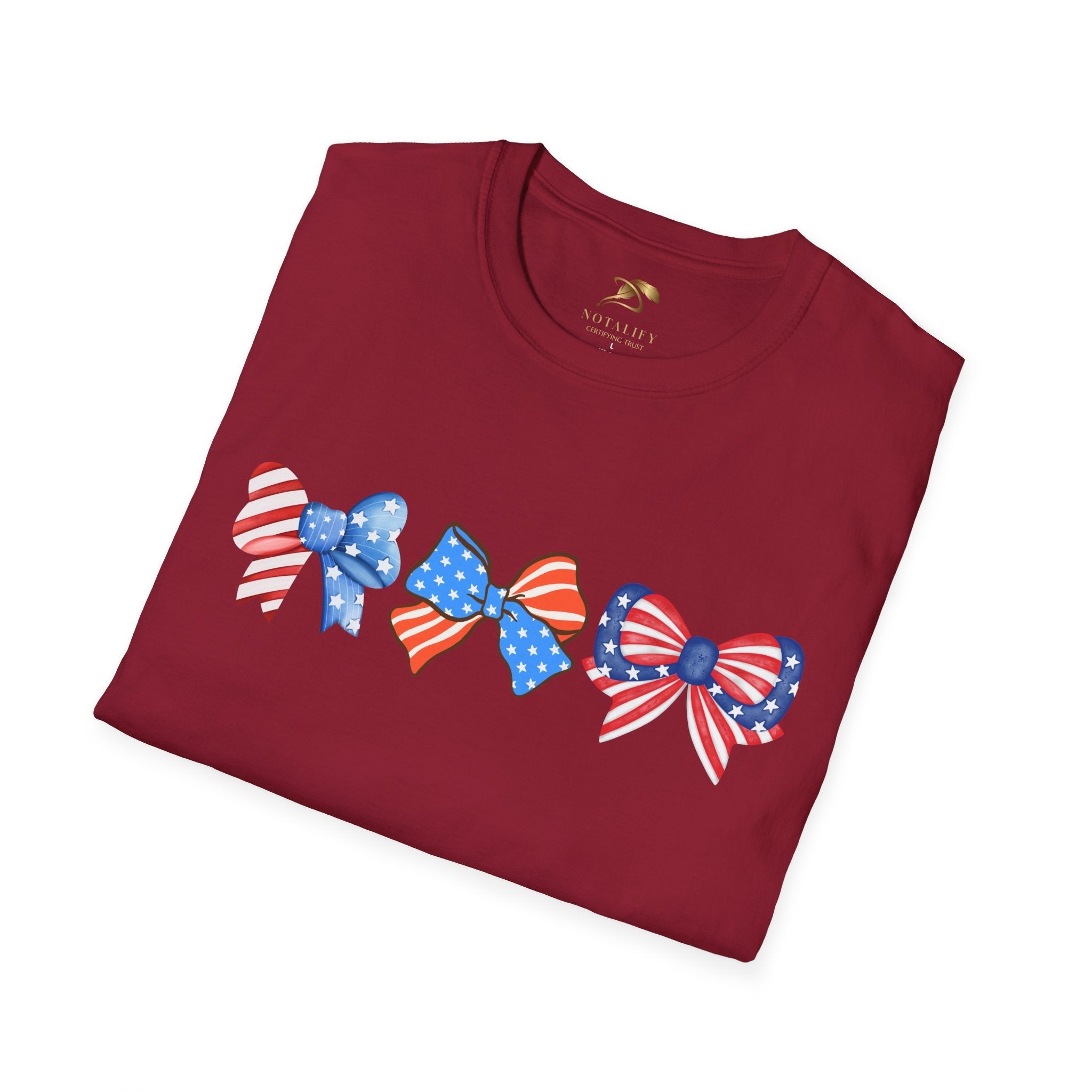 Coquette Patriotic T-Shirt with bow designs, ideal for July 4th celebrations.