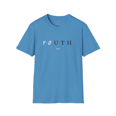 Blue unisex Youth Day Celebration t-shirt with colorful dotted letters on lightweight cotton fabric