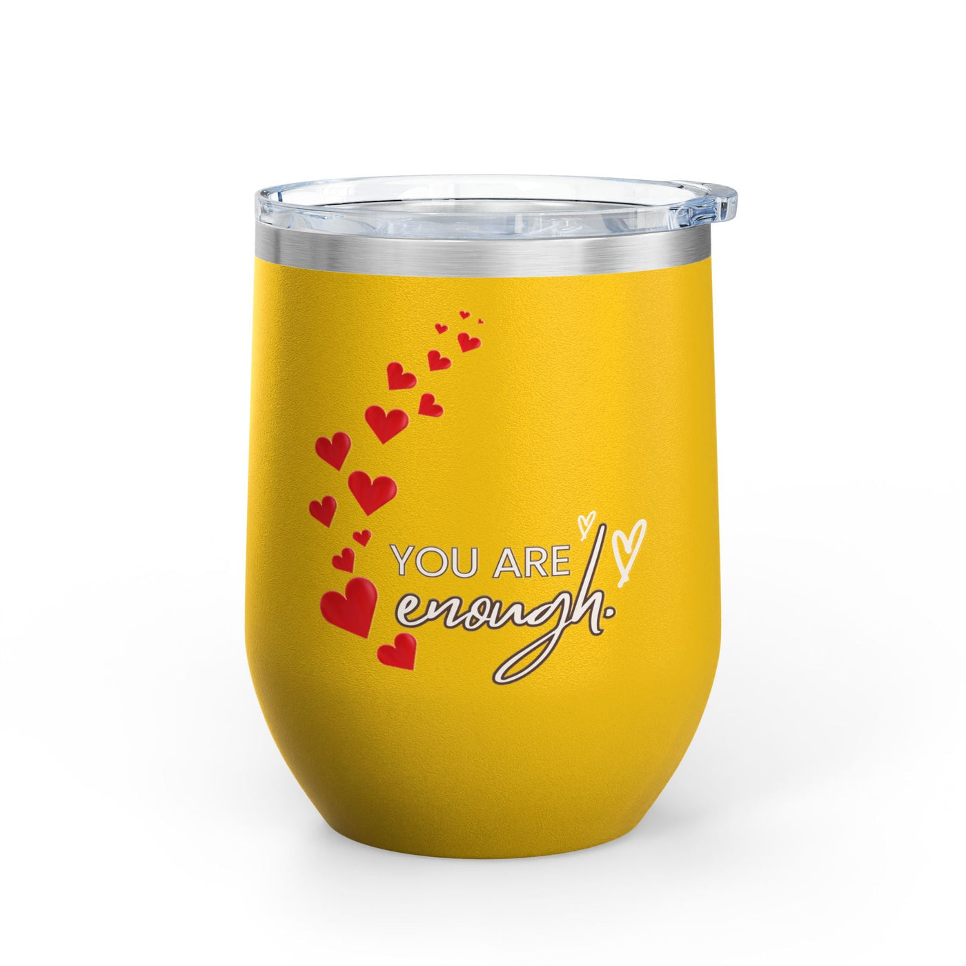 Positive affirmation wine tumbler with "You're enough" message, yellow stainless steel, 12oz.