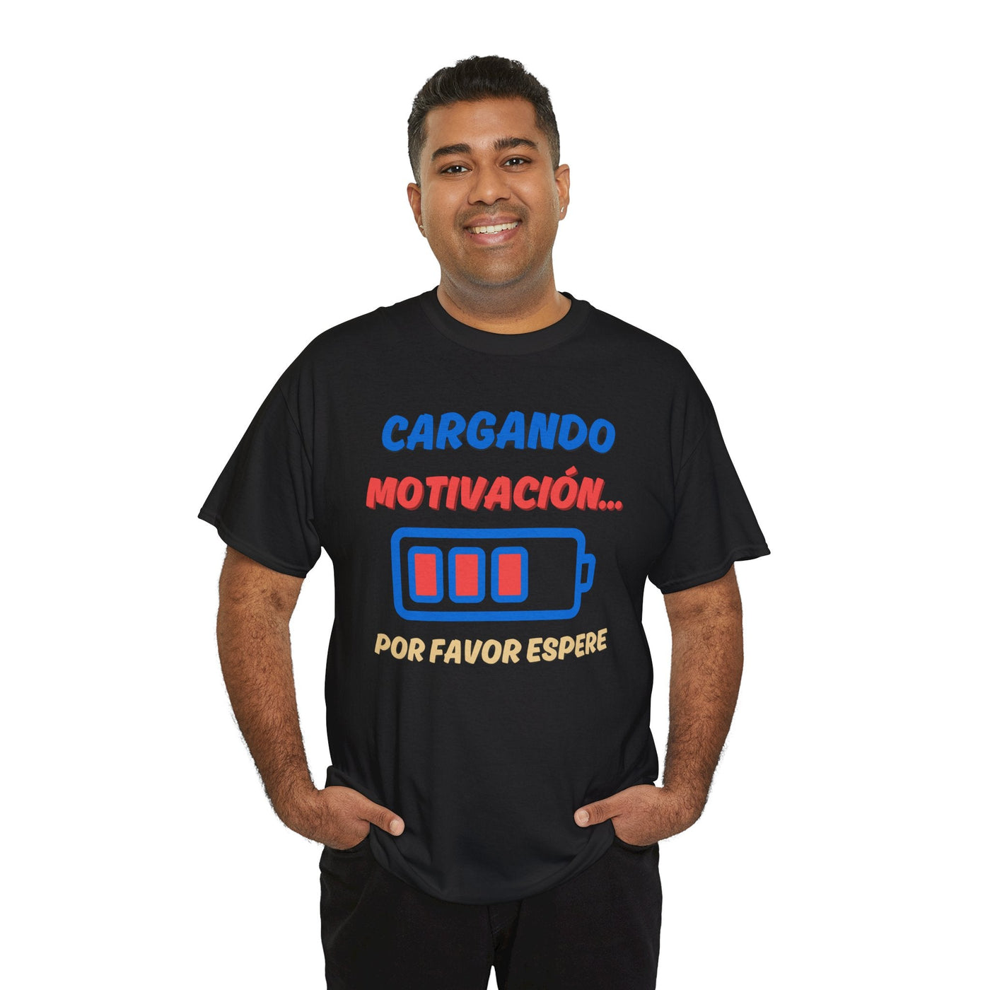 Unisex tee featuring charging battery design and Spanish phrase, "Please wait, charging motivation."