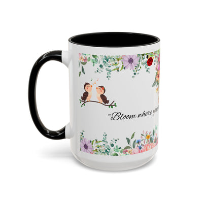Mug, Inspirational Ceramic Cup w/ Flower Design, Bloom where you are planted, Gift for her/him, Quote Tea Mug, Home Office Decor, - NOTALIFY