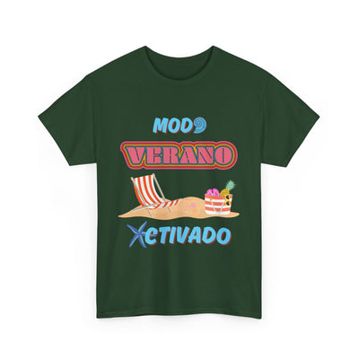 Modo Verano Activado T-Shirt with retro fonts, beach scene, and tropical details.