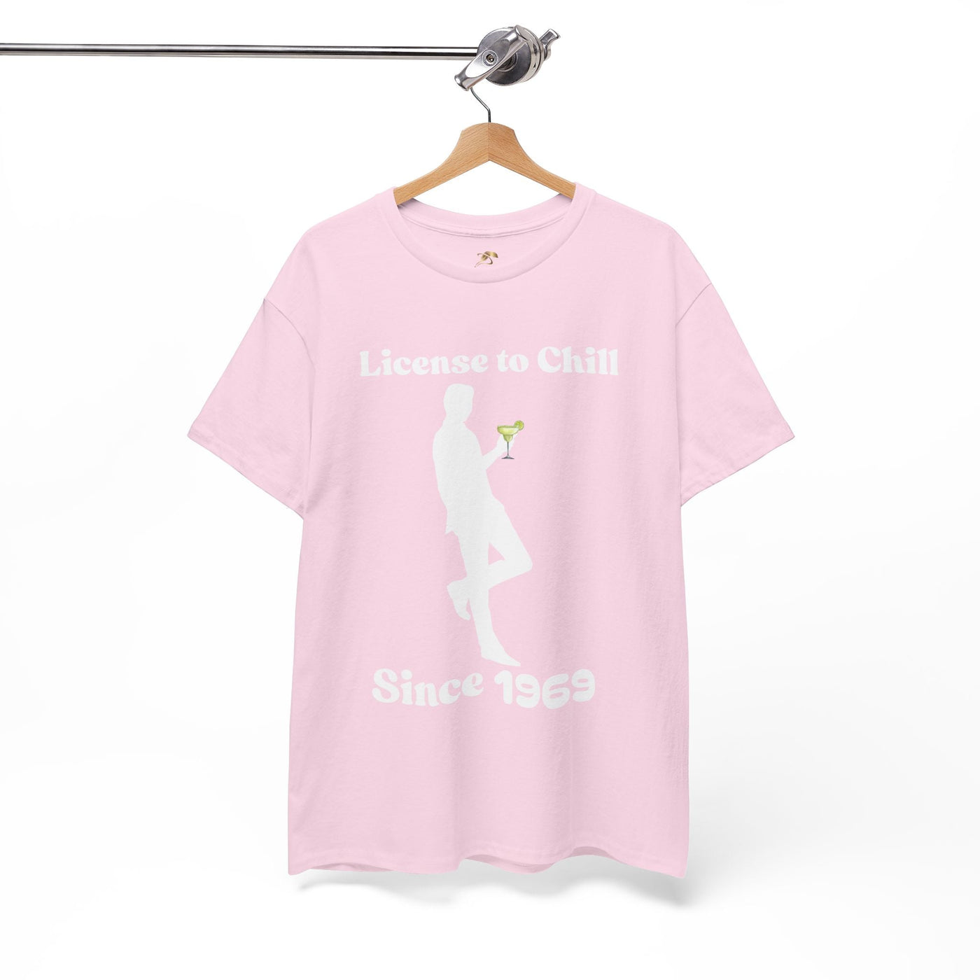 License to Chill T-Shirt in pink with a silhouette holding a margarita, customizable "Since 1969" text, perfect custom birthday gift.