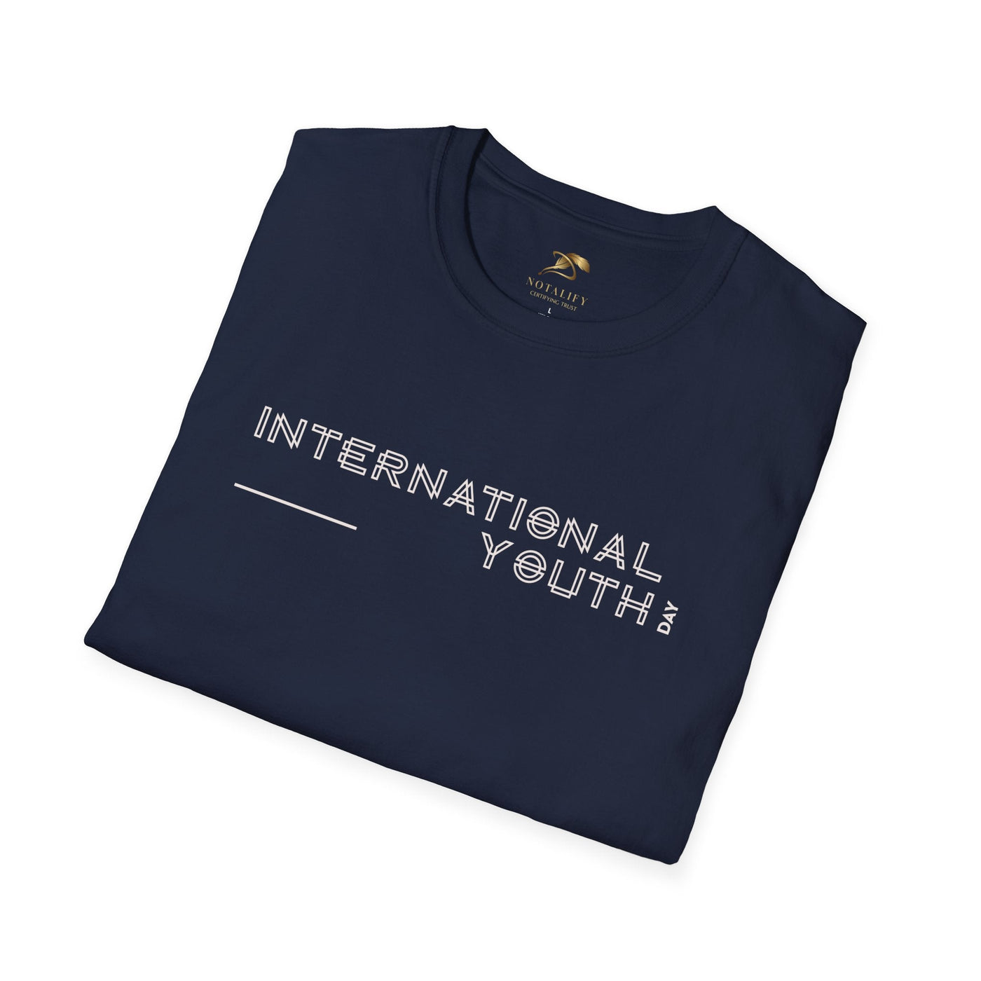 Folded navy blue unisex t-shirt with "International Youth Day" text printed, made from 100% ring-spun cotton for lightweight comfort.