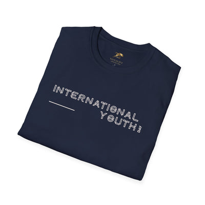 Folded navy blue unisex t-shirt with "International Youth Day" text printed, made from 100% ring-spun cotton for lightweight comfort.