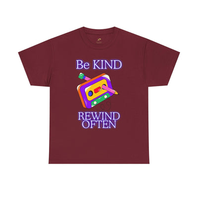 Unisex retro t-shirt with "Be Kind, Rewind Often" design, featuring vibrant cassette graphic.