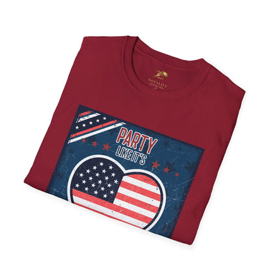 Party Like it's 1776 Patriotic Party T-Shirt folded with American flag heart design, perfect for Independence Day celebrations.