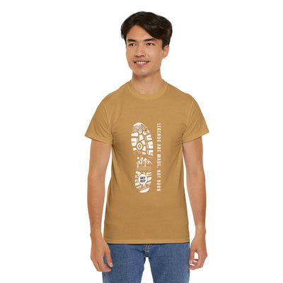 Unisex heavy cotton tee with "Legends are made NOT BORN" graphic, inspirational and durable design.