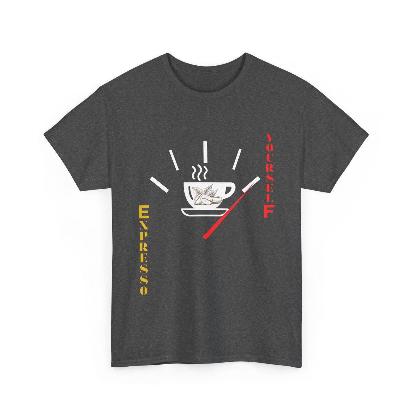 Unisex "Expresso Yourself" coffee T-shirt with espresso design and vertical wordplay for coffee lovers.