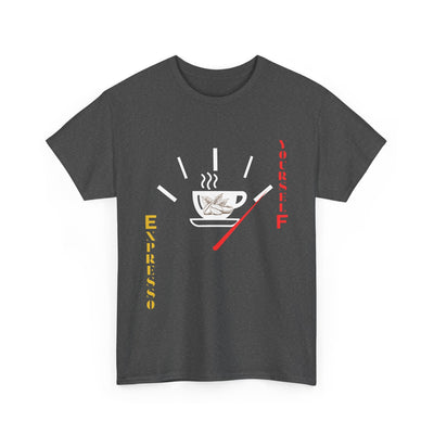 Unisex "Expresso Yourself" coffee T-shirt with espresso design and vertical wordplay for coffee lovers.