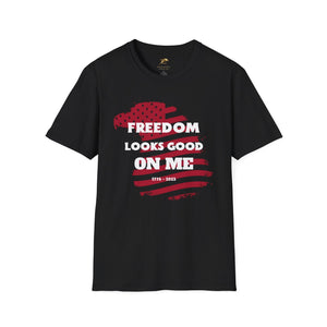 Unisex patriotic party tee, "Freedom Looks Good On Me" design, perfect for Independence Day celebrations.