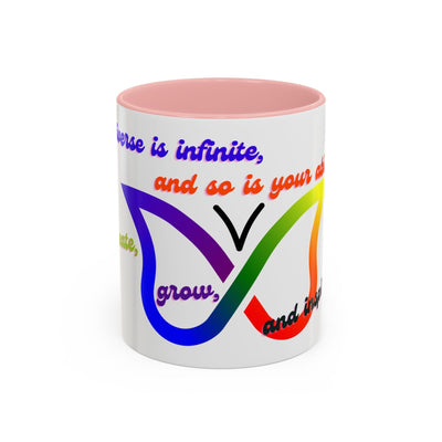 Infinity Butterfly Mug with colorful silhouette design and motivational message, available in 11oz and 15oz sizes, ideal for creatives and inspiration.