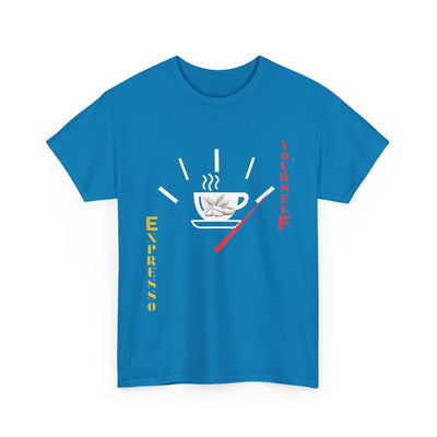 Expresso Yourself coffee T-shirt with espresso cup and fuel gauge design, perfect for coffee lovers and baristas.