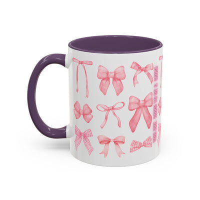 Personalized coquette bow mug for Mother's Day with purple handle and interior, showcasing vibrant bow designs.