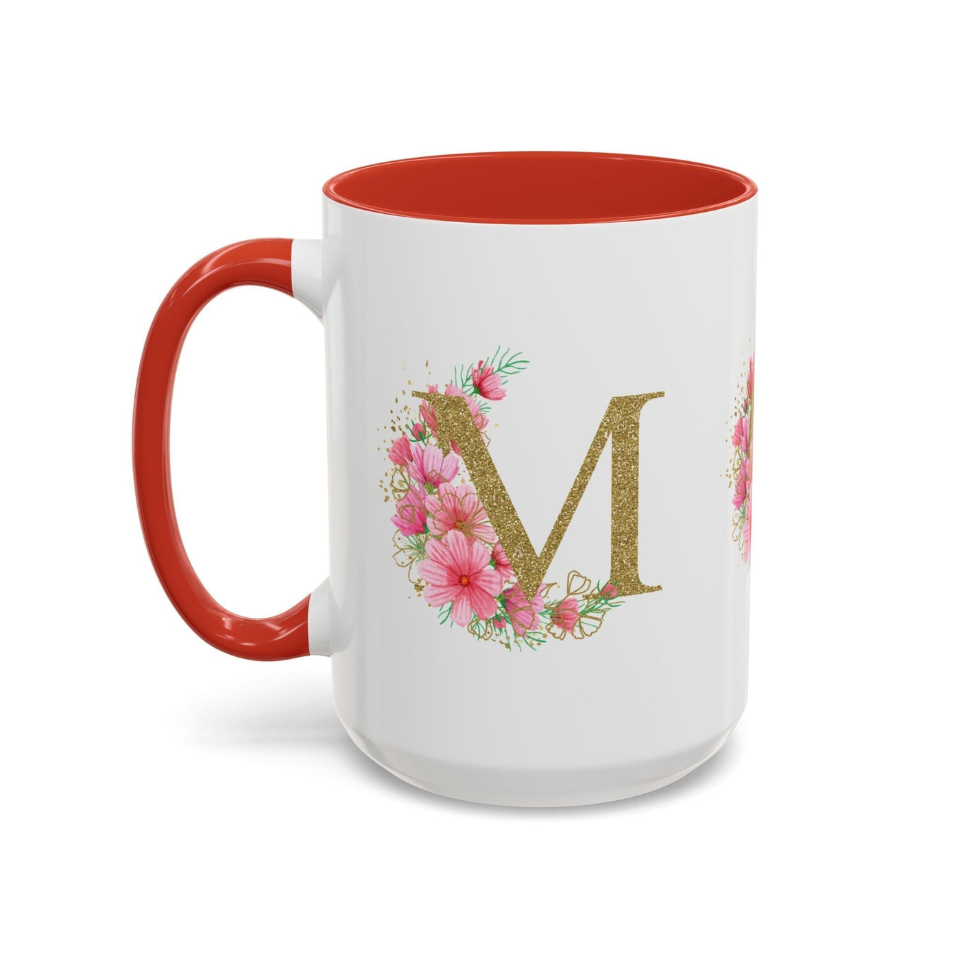 Mother's Day Mug with floral accents and custom name, white ceramic with red interior, perfect gift for mom.