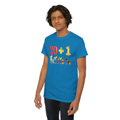 21st birthday t-shirt with "20 + 1" print and cocktail graphics, perfect for celebrating in style.