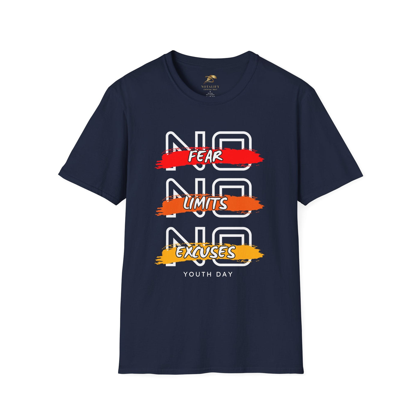 Navy blue unisex Youth Day t-shirt with "No Fear No Limits No Excuses" motivational graphic in red, orange, and yellow brush strokes.