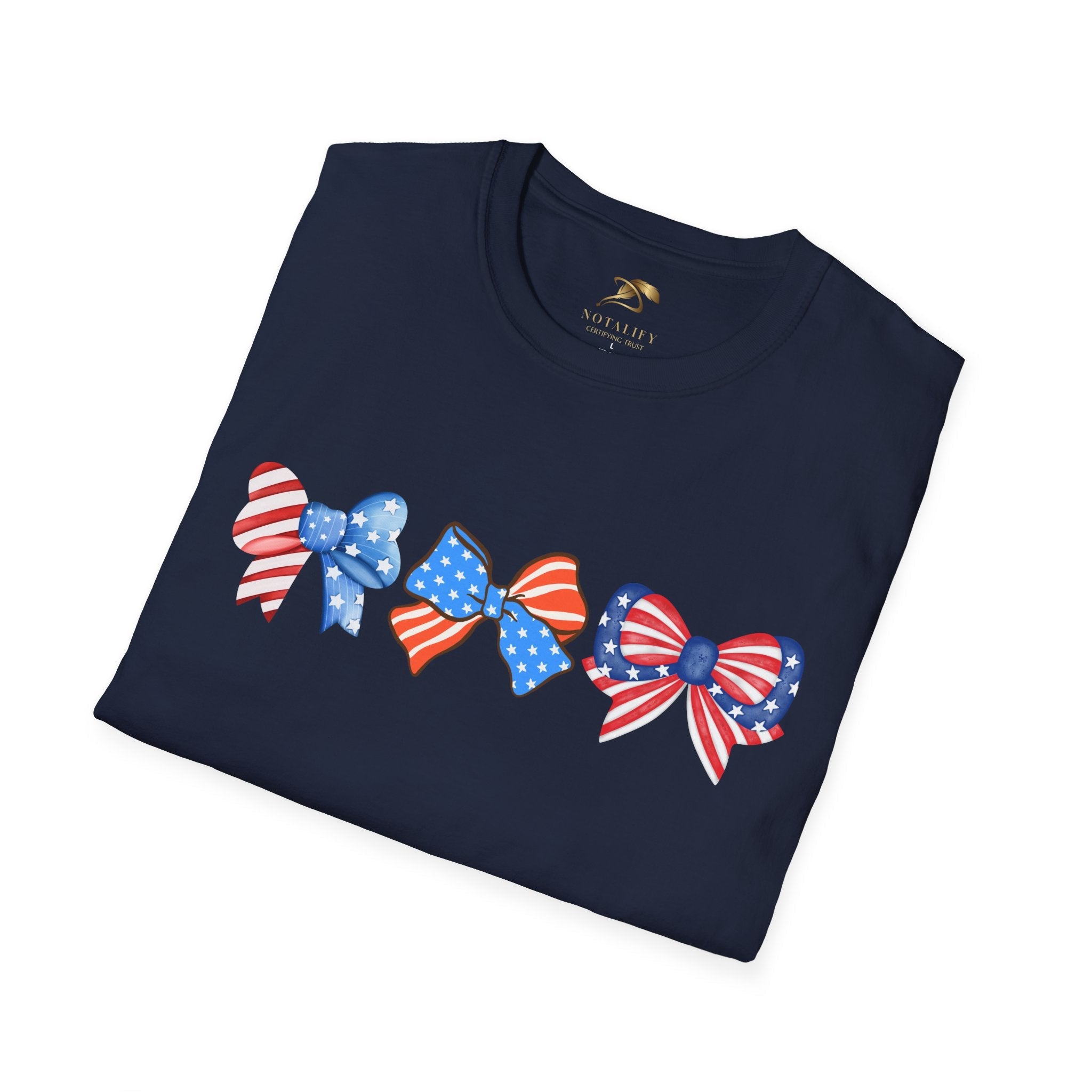 Coquette Patriotic T-Shirt with American flag bow design, perfect for 4th of July celebrations.