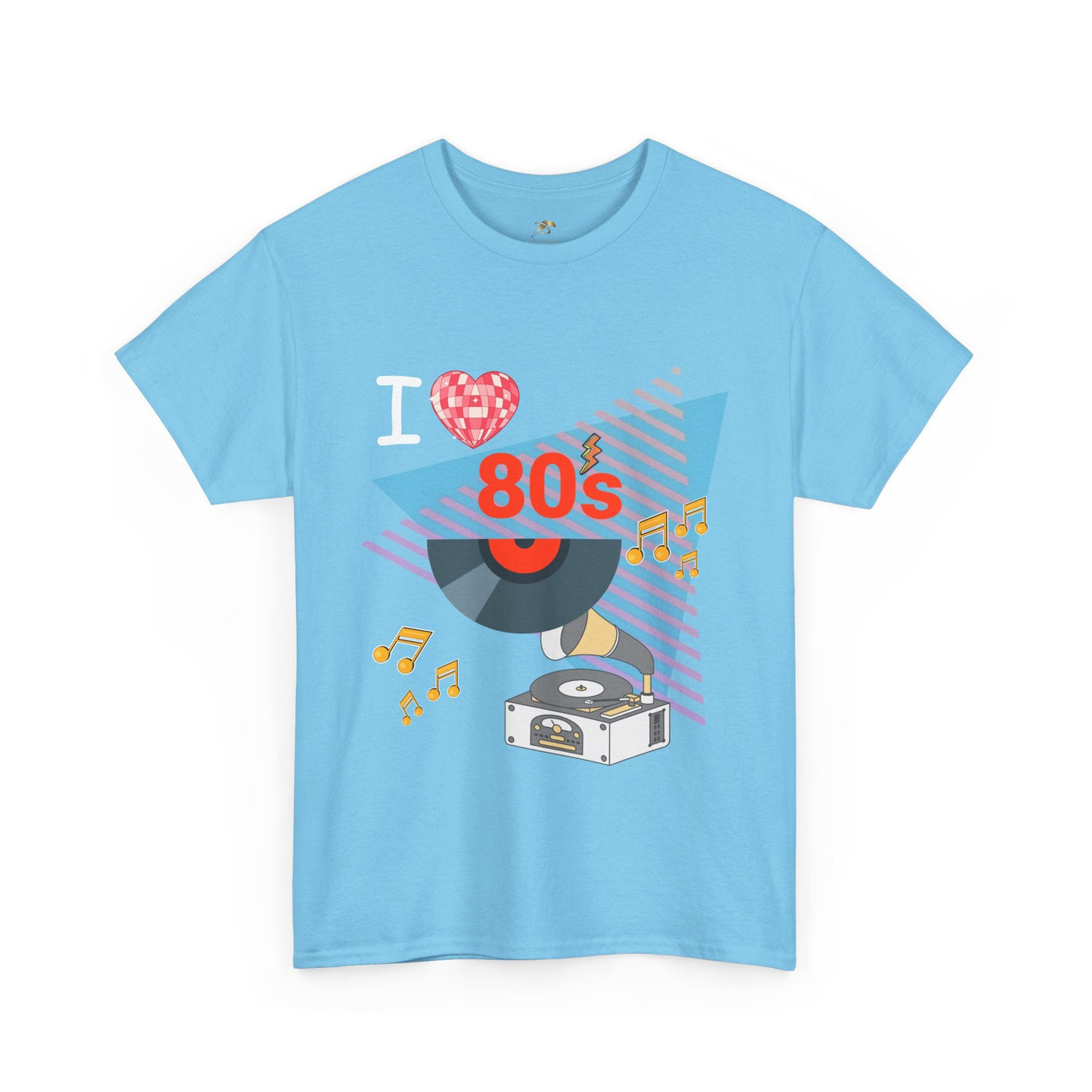 Blue 80's Music Lover T-Shirt with retro record player graphic and musical notes design