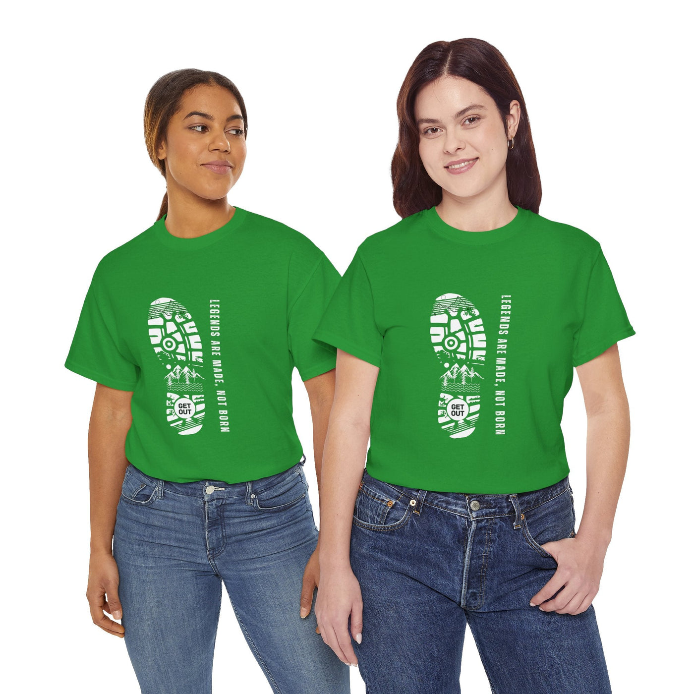 Unisex heavy cotton tee with "Legends are made NOT BORN" message, green color, suitable for casual wear.