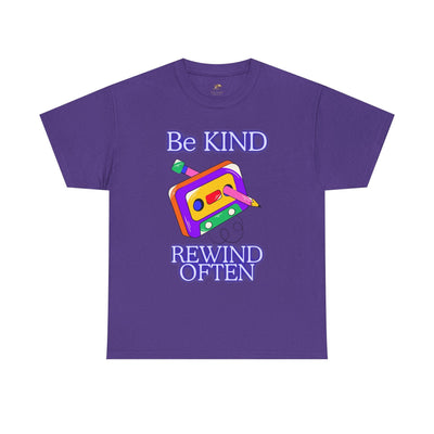 Retro purple T-shirt with "Be Kind, Rewind Often" slogan and vintage cassette design.
