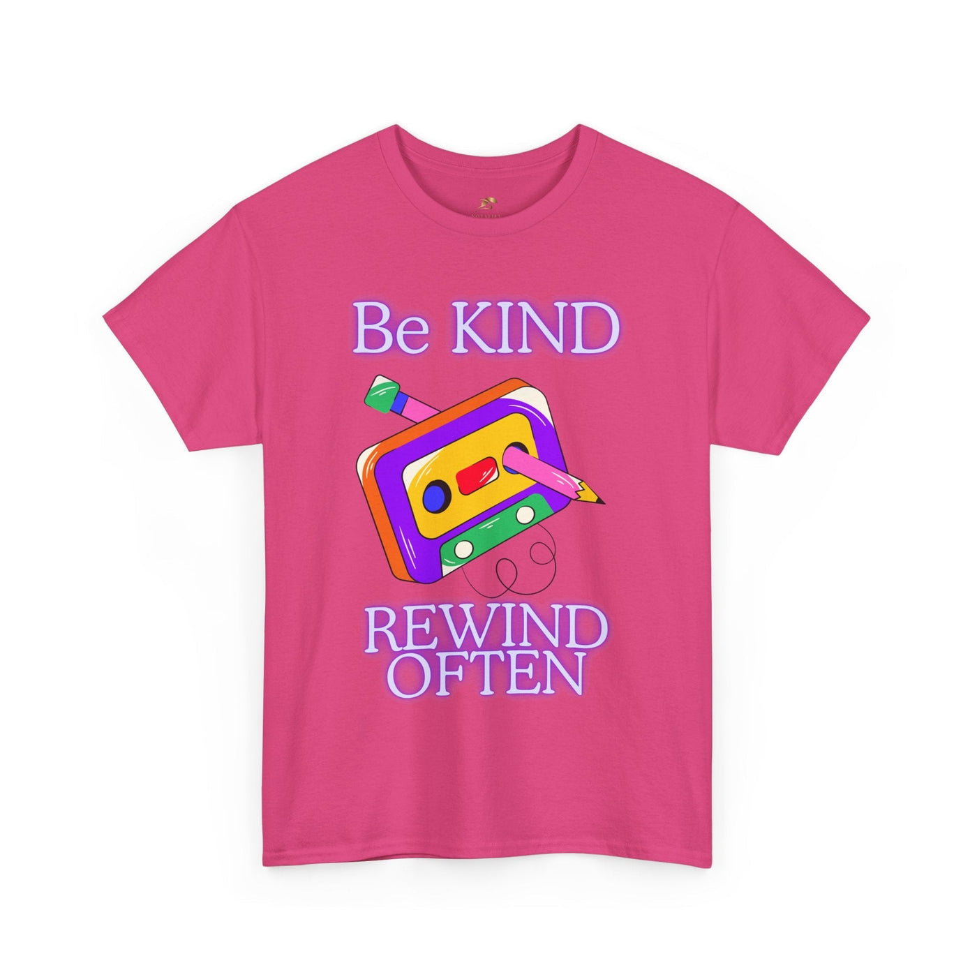 Retro pink T-shirt with "Be Kind, Rewind Often" graphic design, evokes 90s nostalgia and positivity.