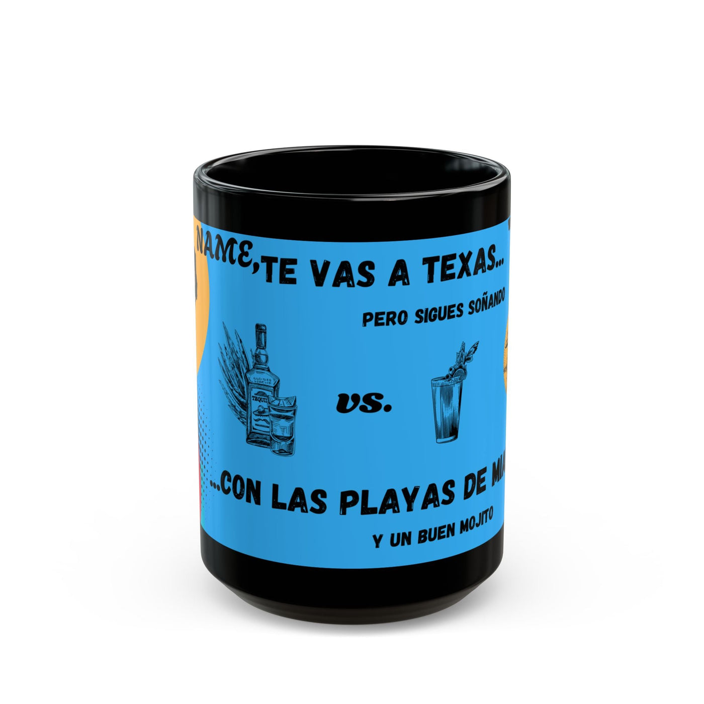 Personalized Fun Black Mug with Texas vs Miami theme, glossy ceramic, perfect gift for coffee lovers.