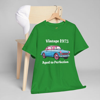 Vintage Aged to Perfection t-shirt with retro car graphic displayed on a chair.