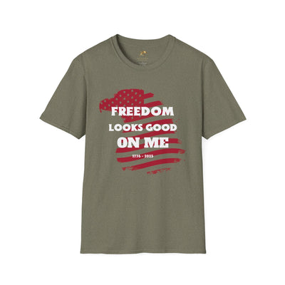 Patriotic Party Tee with "Freedom Looks Good On Me" design for Independence Day celebrations.
