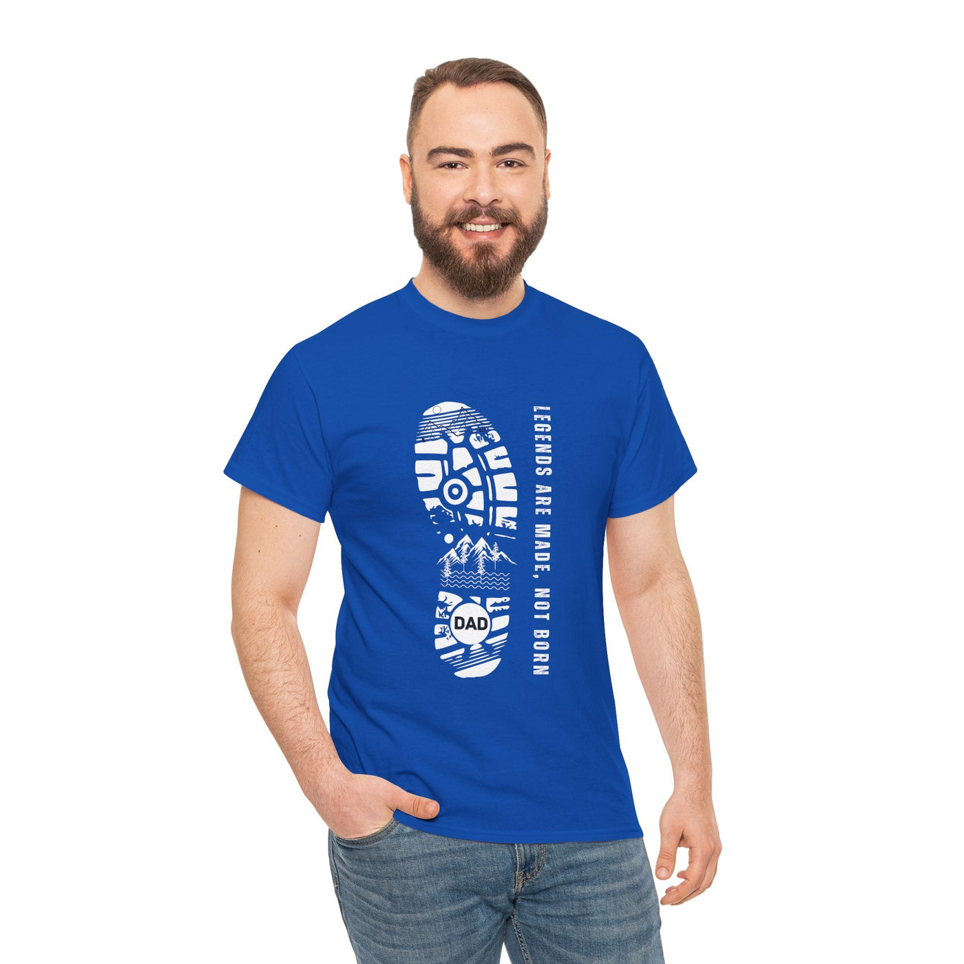 Legendary Dad shirt in blue featuring "Legends Are Made Not Born" with a bold graphic design, perfect Father's Day gift.